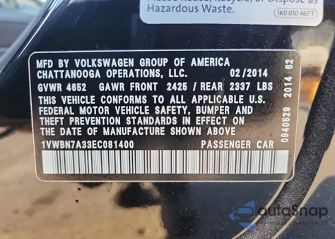 2014 Volkswagen Passat Se from USA, damaged, VIN 1VWBN7A33EC081400